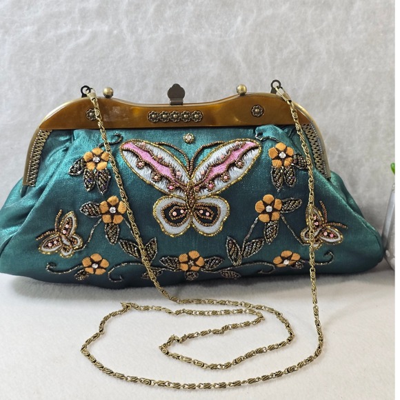 Embroidered Beaded Butterfly Clutch Purse Evening Bag Chain Strap Teal - Picture 1 of 13